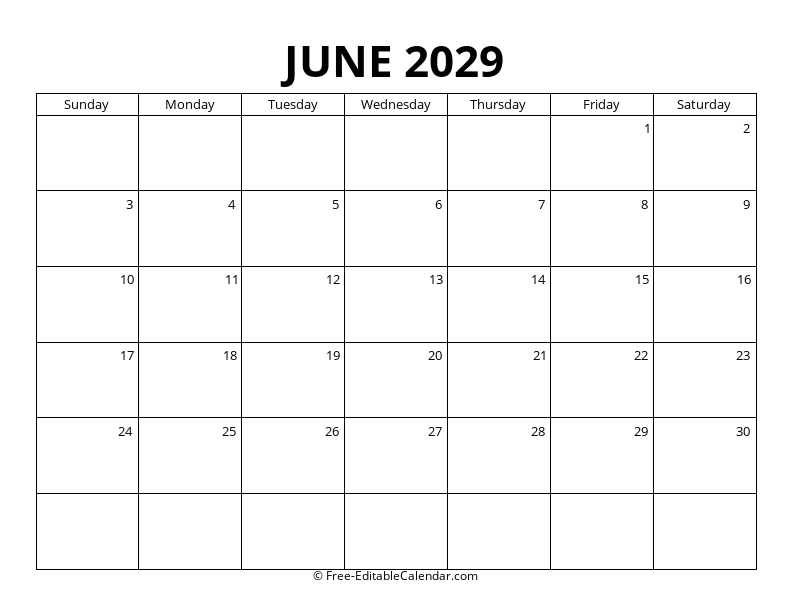 June 2029 Blank Calendar