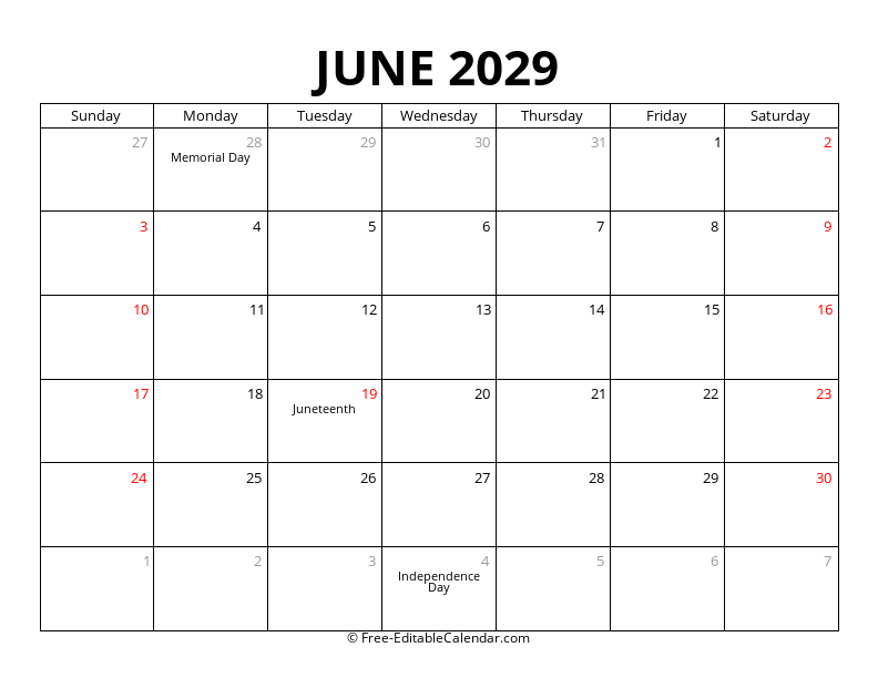 June 2029 Calendar with Holidays
