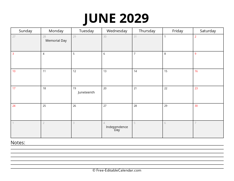 June 2029 Calendar with Notes