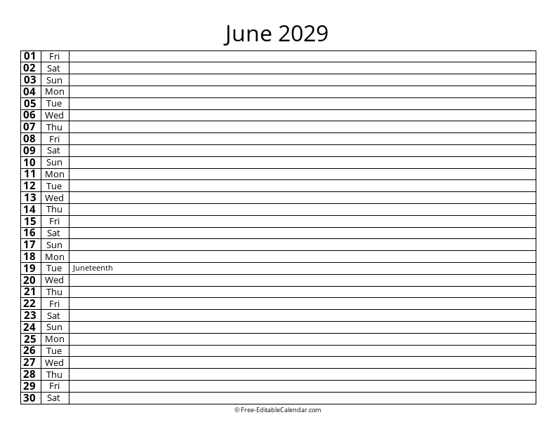 June 2029 Daily List Calendar