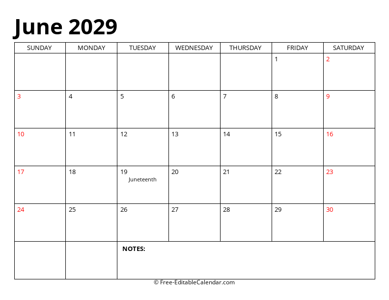 June 2029 Editable Calendar