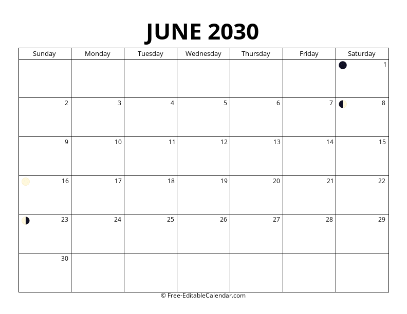 June 2030 Moon Phase Calendar