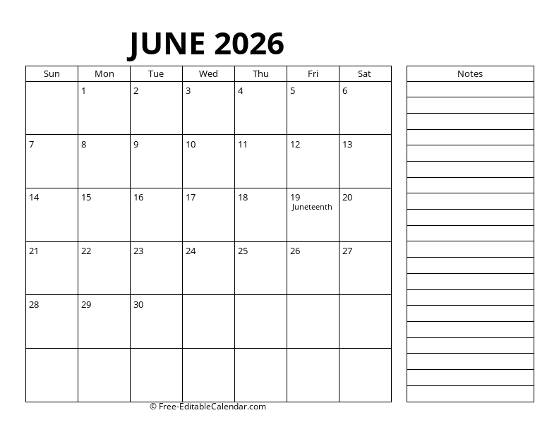 June Calendar 2026 with right notes