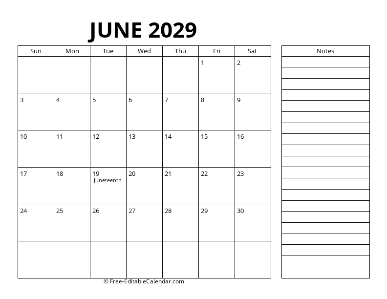 June Calendar 2029 with right notes