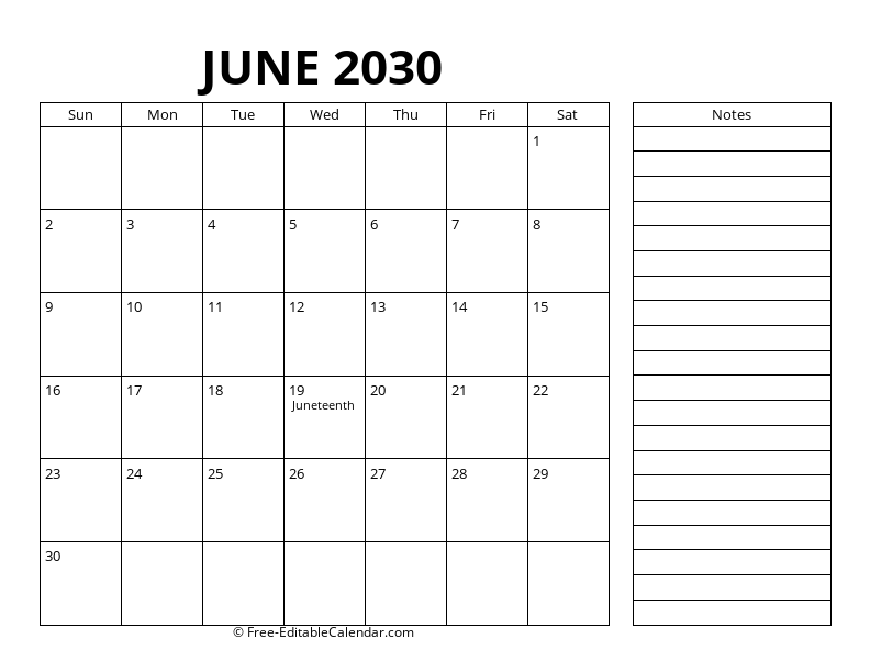 June Calendar 2030 with right notes
