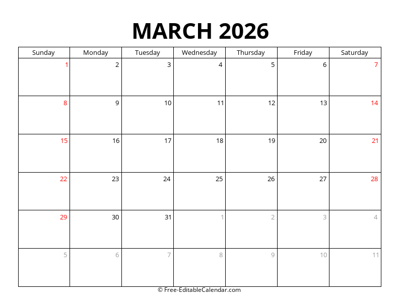 March 2026 Calendar with Holidays