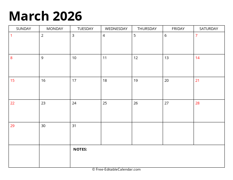 March 2026 Editable Calendar
