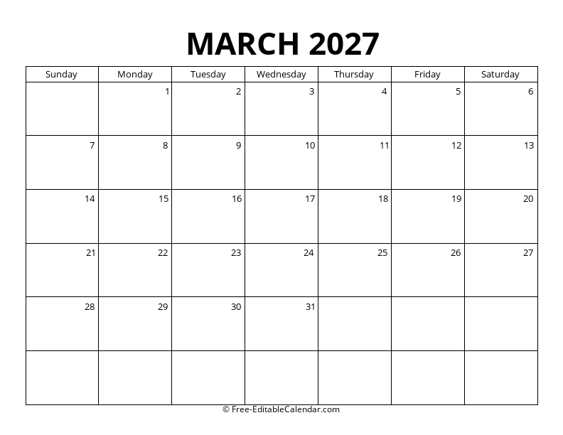 March 2027 Blank Calendar