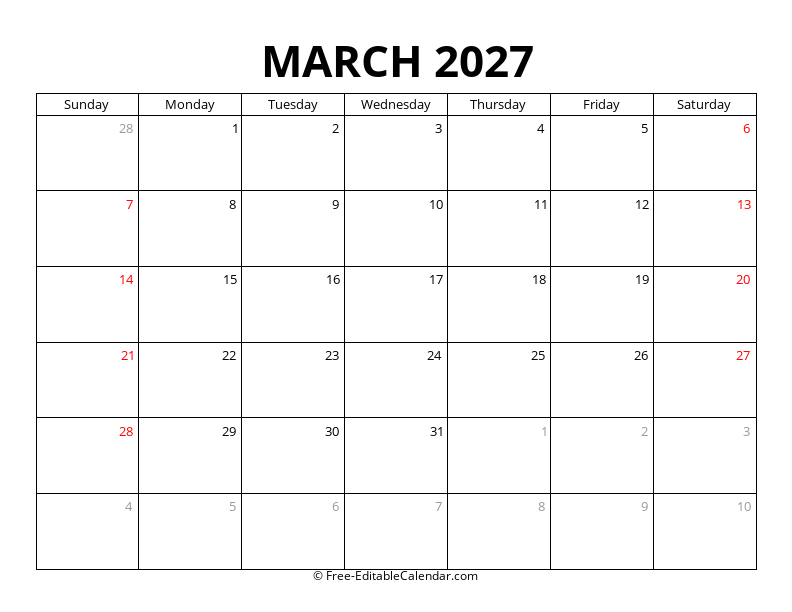 March 2027 Calendar with Holidays