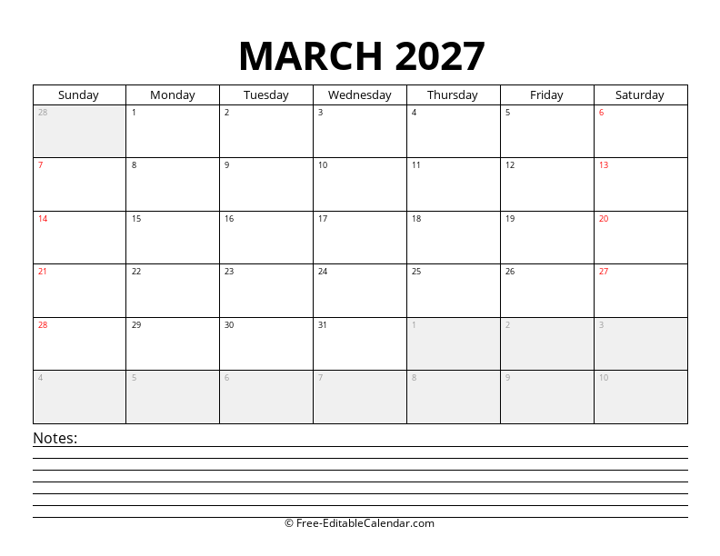 March 2027 Calendar with Notes