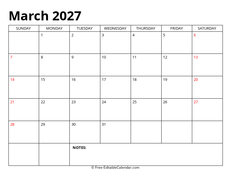 March 2027 Editable Calendar