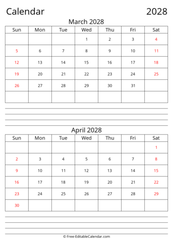 March April 2028 calendar with Notes