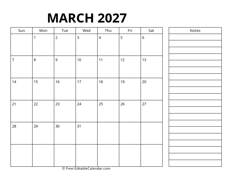 March Calendar 2027 with right notes