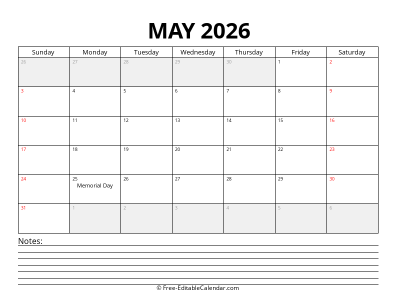 May 2026 Calendar with Notes