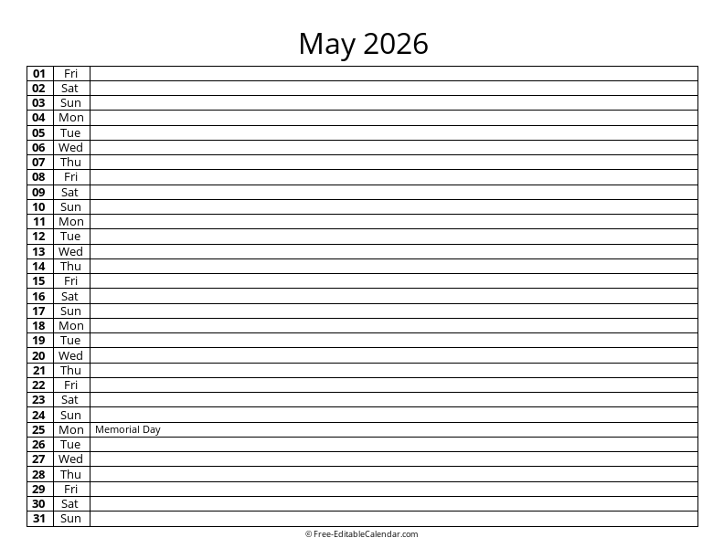 May 2026 Daily List Calendar