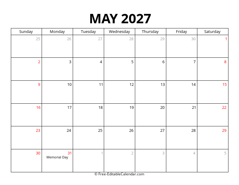 May 2027 Calendar with Holidays