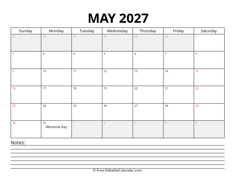 May 2027 Calendar with Notes