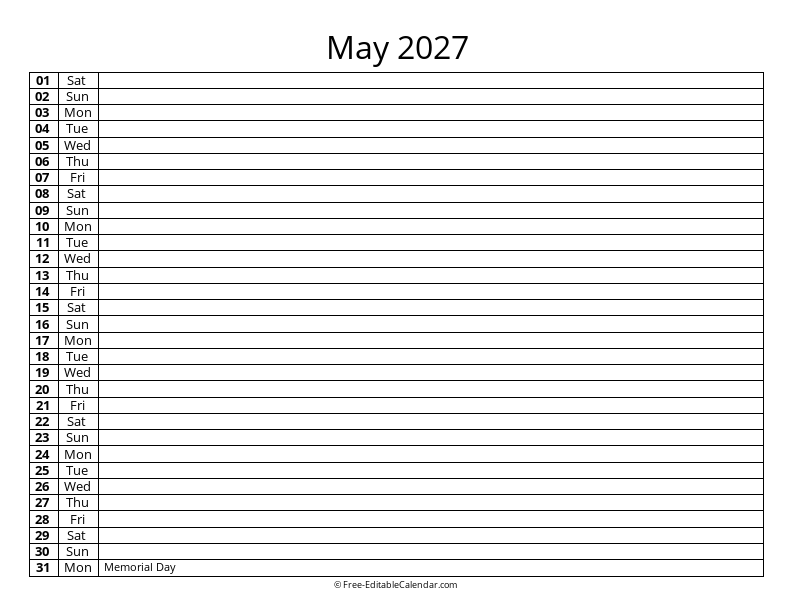 May 2027 Daily List Calendar