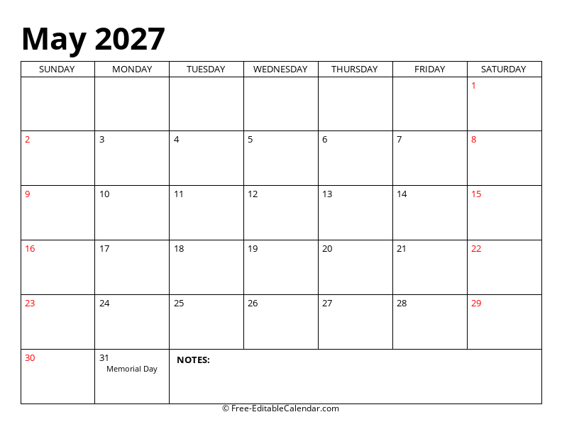 May 2027 Editable Calendar
