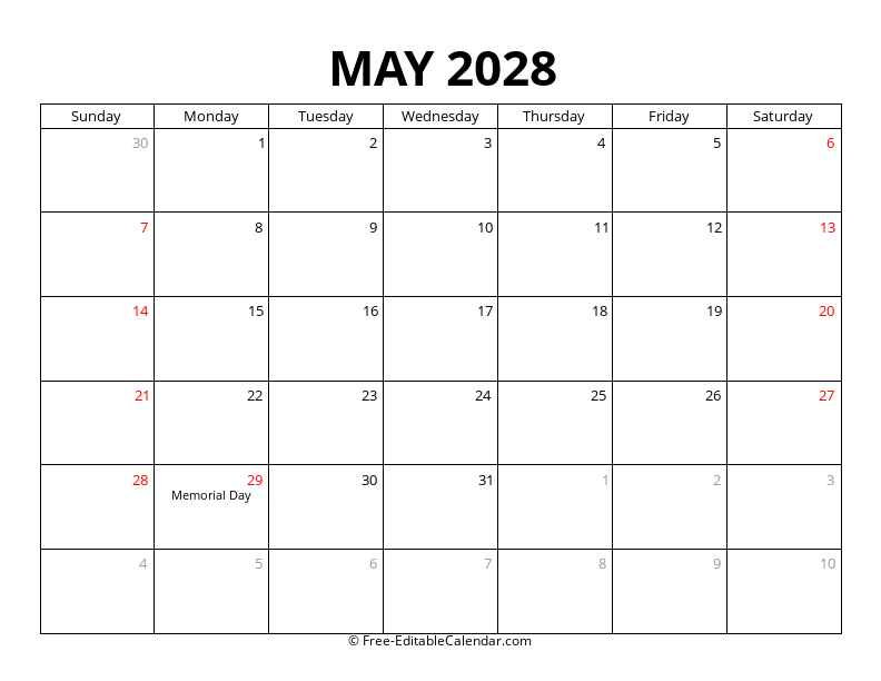 May 2028 Calendar with Holidays