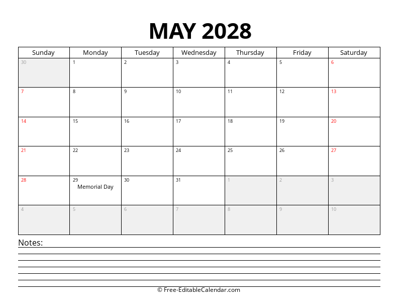 May 2028 Calendar with Notes