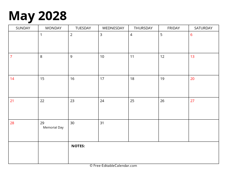 May 2028 Editable Calendar
