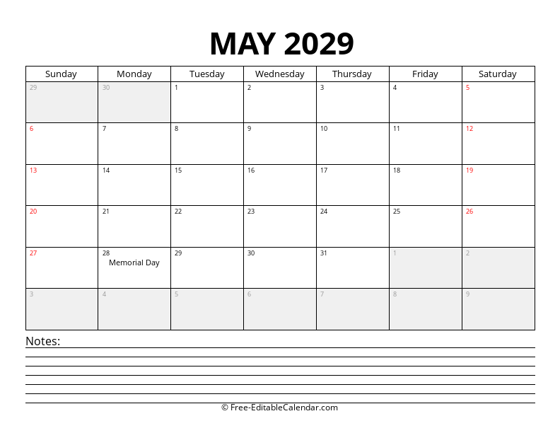 May 2029 Calendar with Notes