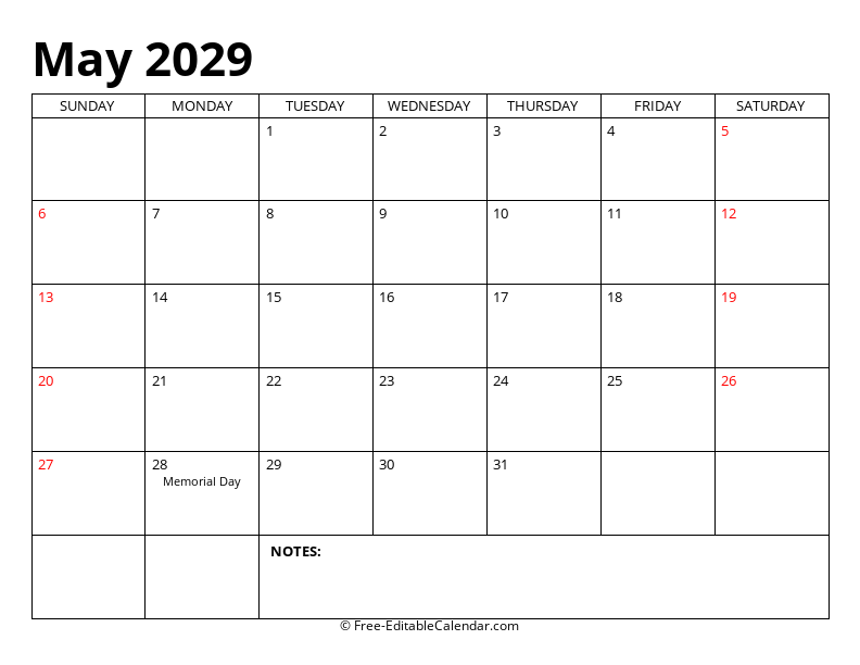 May 2029 Editable Calendar