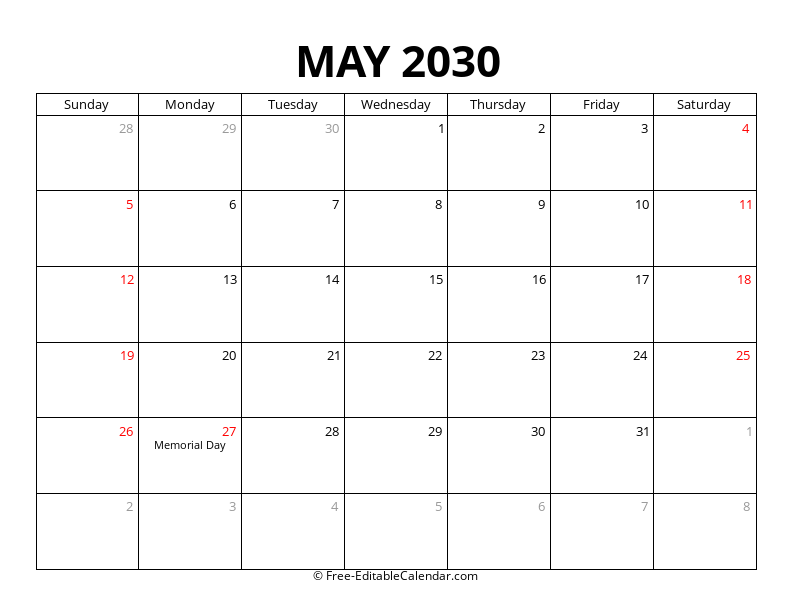 May 2030 Calendar with Holidays