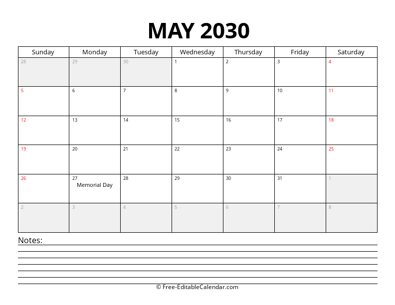 May 2030 Calendar with Notes