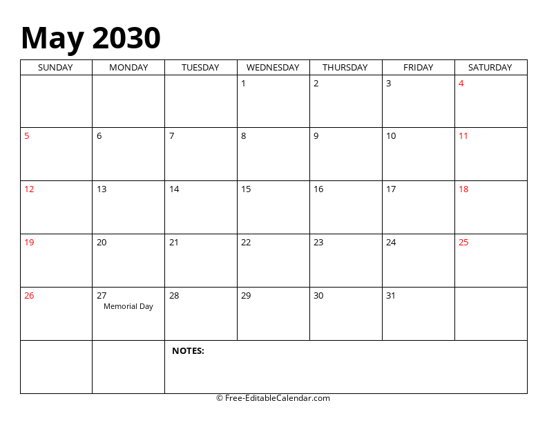 May 2030 Editable Calendar