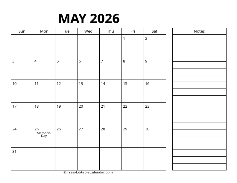 May Calendar 2026 with right notes
