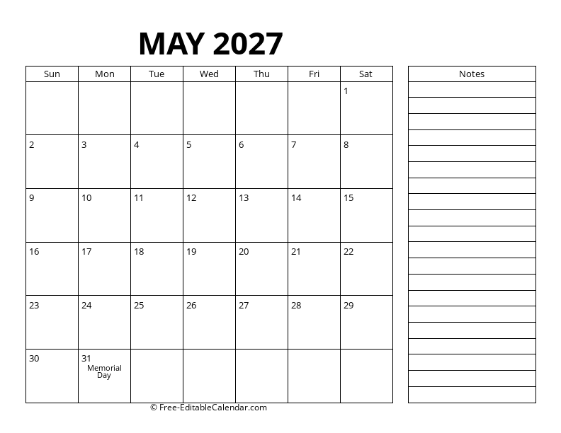 May Calendar 2027 with right notes