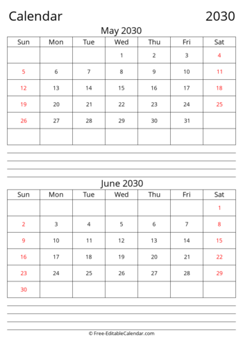 May June 2030 calendar with Notes