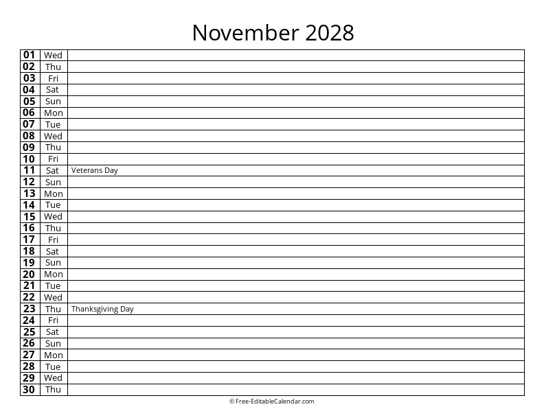 November 2028 Daily List Calendar