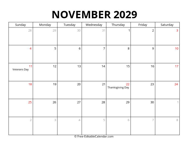 November 2029 Calendar with Holidays