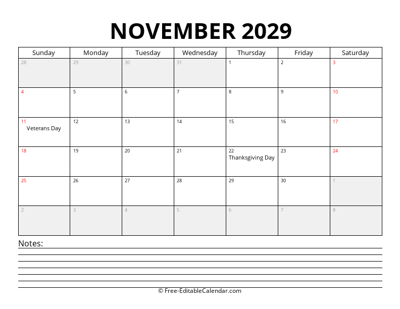 November 2029 Calendar with Notes