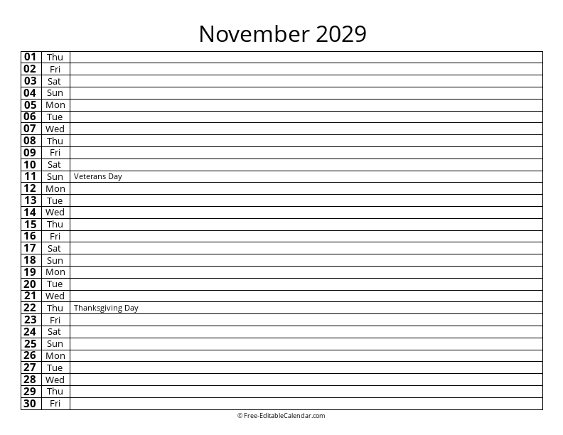 November 2029 Daily List Calendar