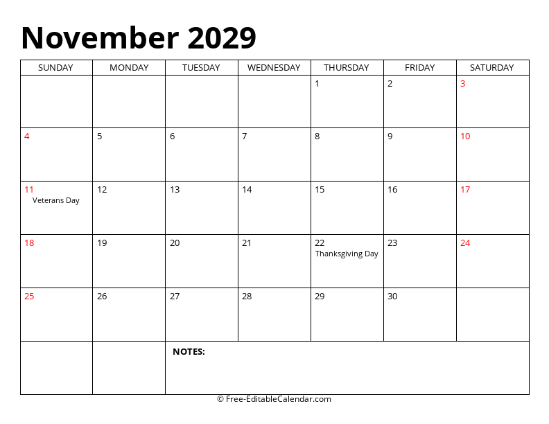 November 2029 Editable Calendar