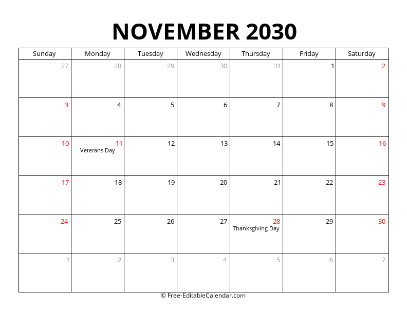 November 2030 Calendar with Holidays