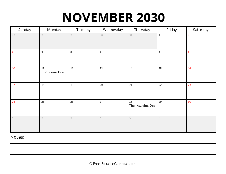 November 2030 Calendar with Notes