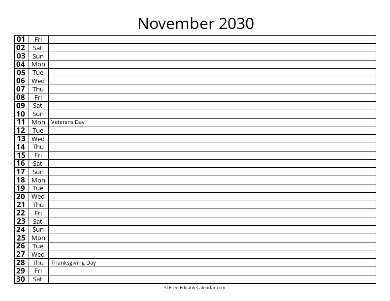 November 2030 Daily List Calendar