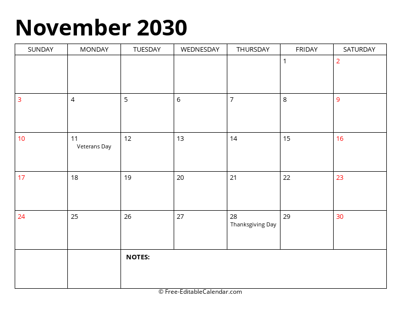 November 2030 Editable Calendar
