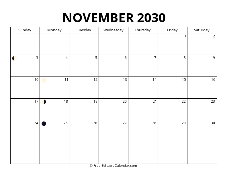 November 2030 Moon Phase Calendar