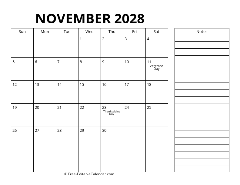 November Calendar 2028 with right notes