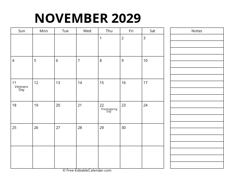 November Calendar 2029 with right notes