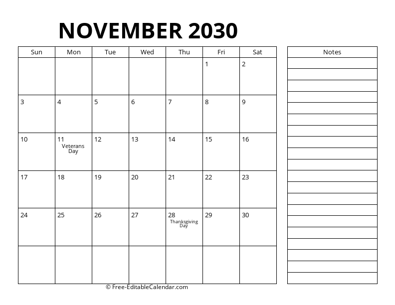 November Calendar 2030 with right notes