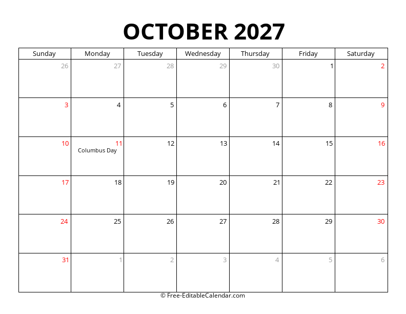 October 2027 Calendar with Holidays