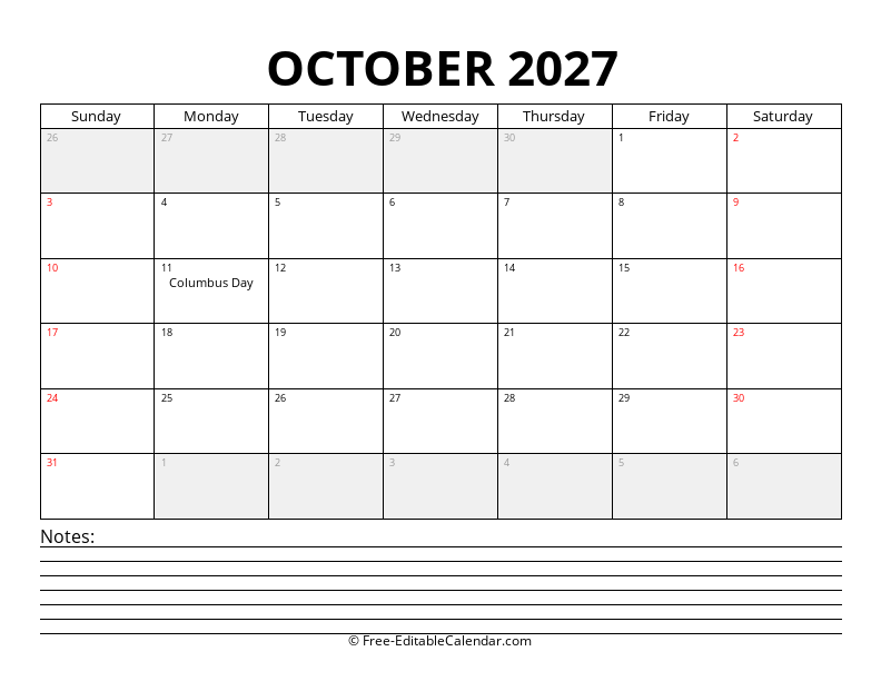 October 2027 Calendar with Notes