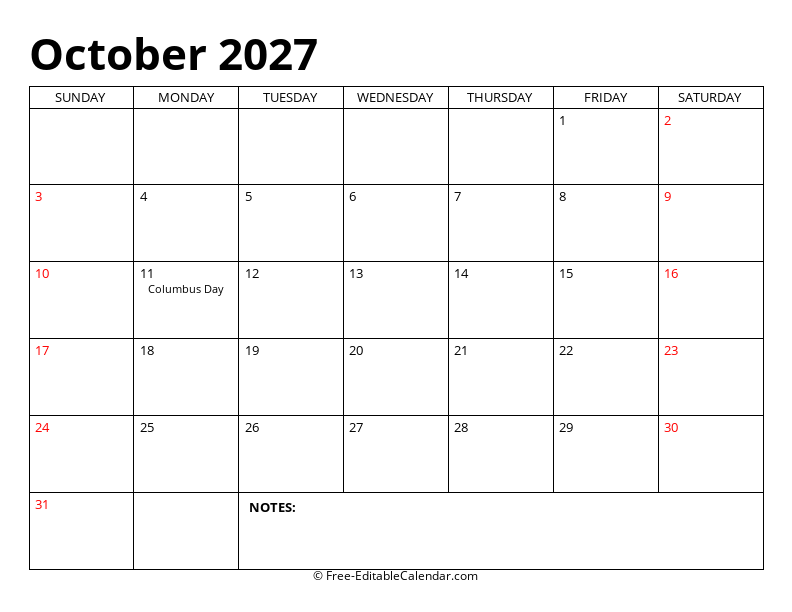 October 2027 Editable Calendar
